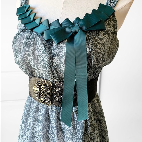 PILGRIM Vienna Bow Green Teal Dress - Picture 6 of 9